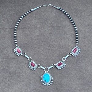 Turquoise Coral Sterling Silver Station Necklace Tom Lewis Artist Navajo 53 Gram